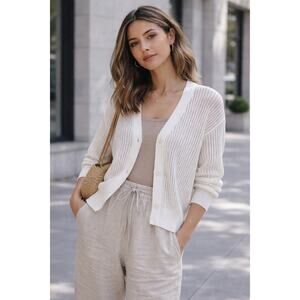 Uniqlo Cream Button Front Knit Cardigan XL Lightweight See Thru Sweater Casual